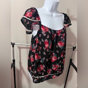 Floral Black Top with Red Accents